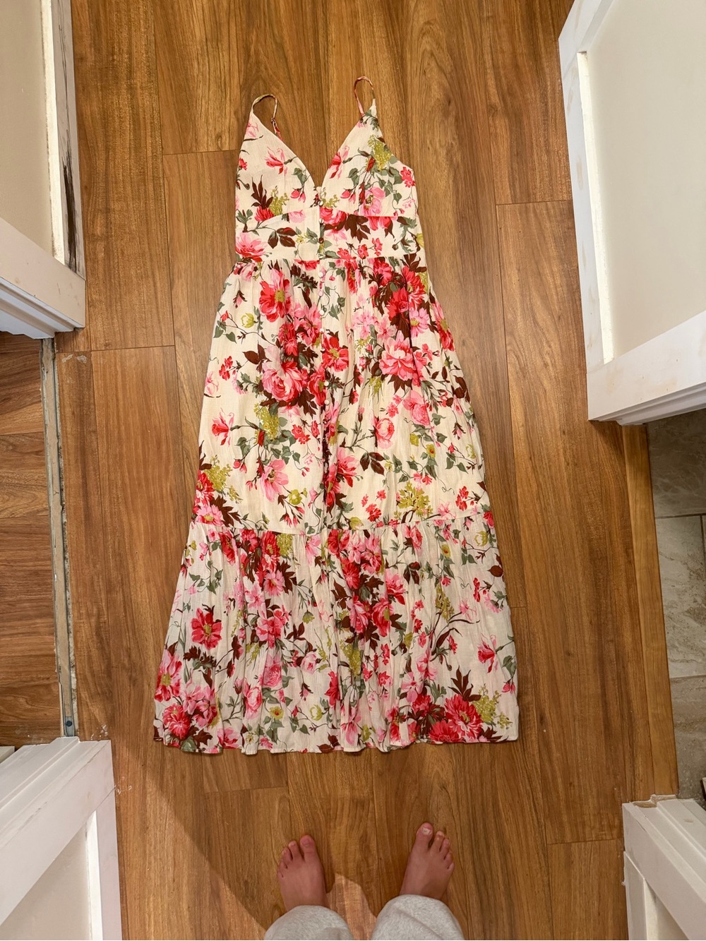 Abercrombie & Fitch Cream Floral Maxi Dress with Pink and Green Accents